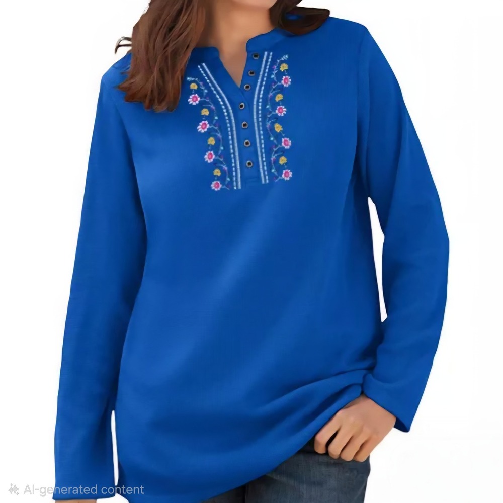 Woman Within Henley Women 14/16 M Blue Floral Waffle Knit Thermal Cottagecore